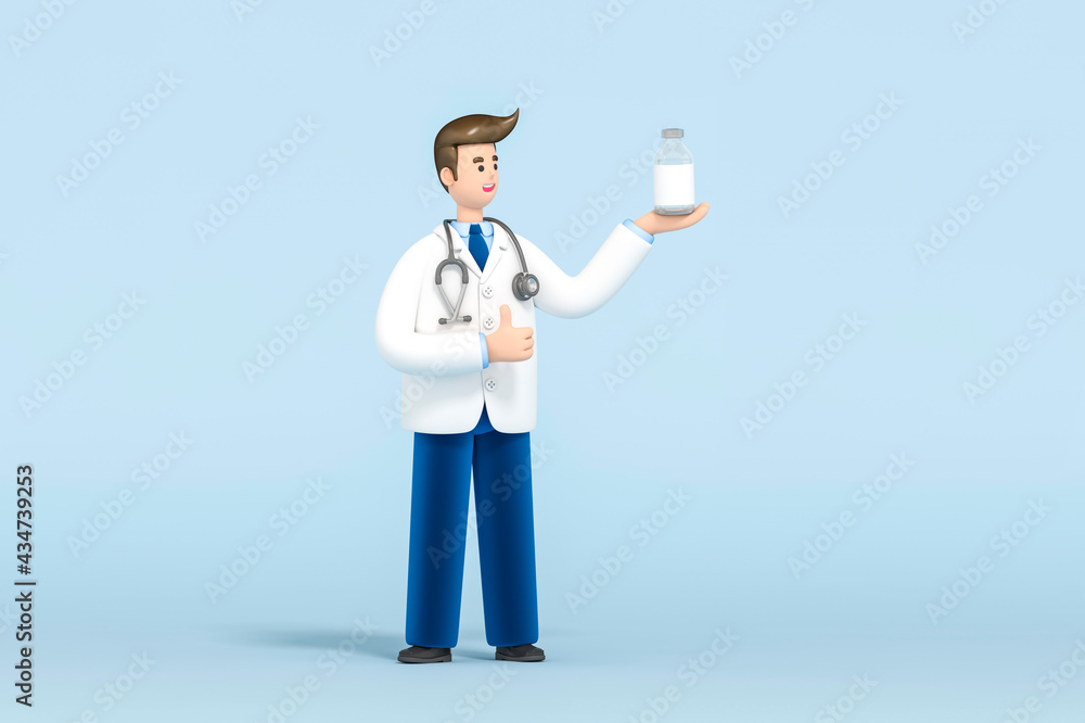 3d Doctor or pharmacist cartoon character held a bottle of Vaccine on hand 3d rendering. 3d illustration Vaccination clinical research, hospital, medical healthcare concept. 3d Doctor or pharmacist cartoon character held a bottle of Vaccine on hand 3d rendering. 3d illustration Vaccination clinical research, hospital, medical healthcare concept.