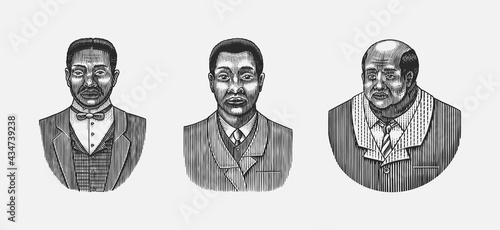 Elegant man. Male face. Afro american gentlemen. Victorian era. Fashion and clothes. Businessman in suit. Hand drawn Old sketch. Vintage engraved illustration. 