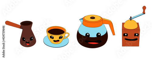 Set of cartoon dishes with smiles. Dishes and appliances for making coffee.