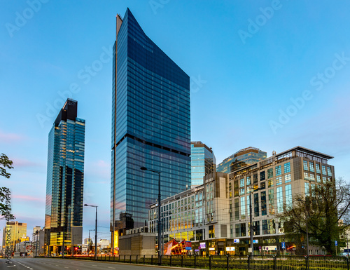 New business and financial district Wola with Warsaw Unit and  Skyliner tower skyscrapers at Prosta street and Daszynskiego circle in Warsaw, Poland