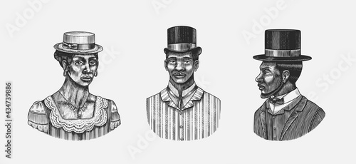 Elegant woman and man. Male face. Afro American Lady and gentlemen in a cylindrical hat. Victorian era. Fashion and clothes. Hand drawn Old sketch. Vintage engraved illustration. 