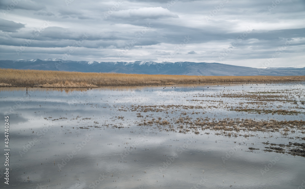 Moody panoramic view of landscapes with marshes and lakes inside the Central Anatolian Sultan Reedy (Sultansazligi) National Park, Turkey