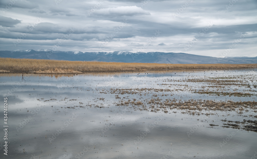 Moody panoramic view of landscapes with marshes and lakes inside the Central Anatolian Sultan Reedy (Sultansazligi) National Park, Turkey Moody panoramic view of landscapes with marshes and lakes inside the Central Anatolian Sultan Reedy (Sultansazligi) National Park, Turkey