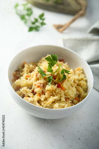 Homemade rice pilau with vegetables