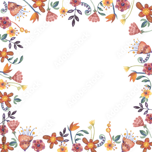 Square frame with floral ornaments on a white background. Border with hand painted watercolor flowers. Abstract flowers on a white background.