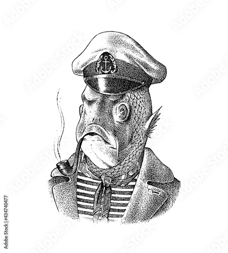 Fish man sailor with a pipe. Mariner in a cap and vest. Fashion animal character. Hand drawn sketch. Vector engraved illustration for label, logo and T-shirts or tattoo.
