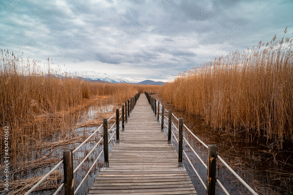 Wooden bridge leading through marshes and lakes inside the Central Anatolian Sultan Reedy (Sultansazligi) National Park, Turkey