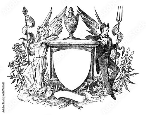 Angel and devil. Woman and man with wings. Decoration for the coats of arms. Medieval vintage heraldry. Ornament in baroque style. Engraved Frame Template. Vector sketch hand drawn.
