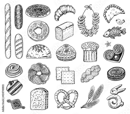 Bakery products set. Donuts bagels, cookies and and baguette, pie and croissant and Easter cake. Engraved hand drawn in old sketch and vintage style for label and menu bakery shop. organic food.