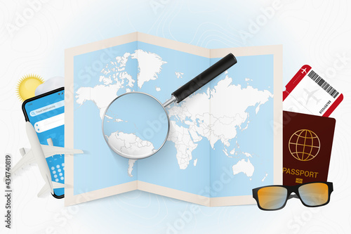 Travel destination Saint Lucia, tourism mockup with travel equipment and world map with magnifying glass on a Saint Lucia.