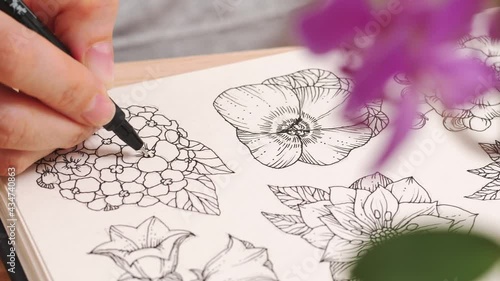 Female artist draws a composition of wild flowers in a sketchbook on a table