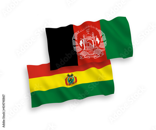 National vector fabric wave flags of Islamic Republic of Afghanistan and Bolivia isolated on white background. 1 to 2 proportion.