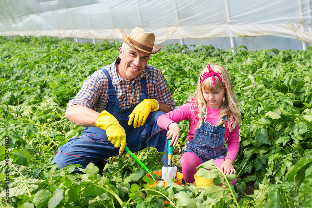 Father works in a greenhouse and shows his daughter a family business Father works in a greenhouse and shows his daughter a family business