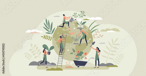 Ecology agriculture and green sustainable harvesting tiny person concept. Environmental gardening and food farming around globe with responsible care vector illustration. Nature care process scene. photo