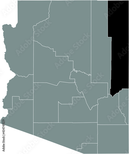 Black highlighted location map of the US Apache county inside gray map of the Federal State of Arizona, USA