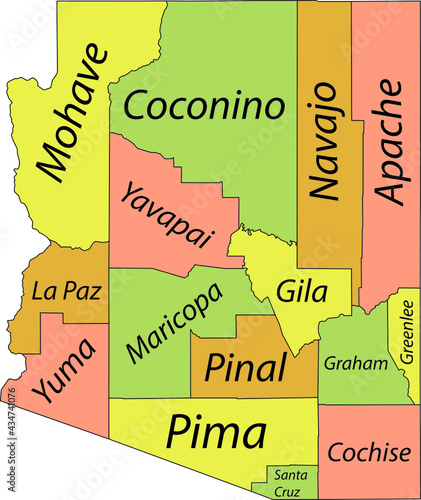 Pastel vector map of the Federal State of Arizona, USA with black borders and names of its counties
