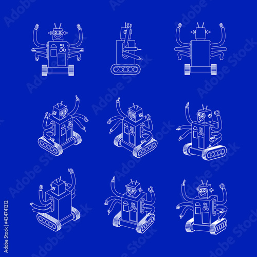Toy robot blueprint. Toy robot in a blueprint. Isolated. Vector set.