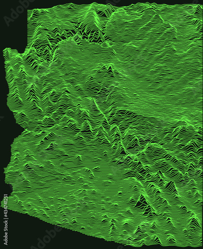 Topographic military radar tactical map of the Federal State of Arizona, USA with emerald green contour lines on dark green background