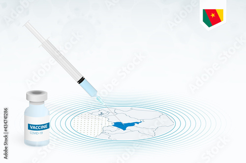 COVID-19 vaccination in Cameroon, coronavirus vaccination illustration with vaccine bottle and syringe injection in map of Cameroon.