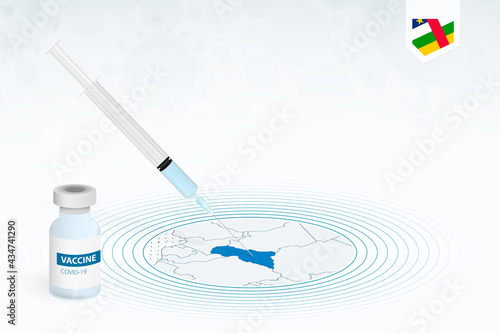 COVID-19 vaccination in Central African Republic, coronavirus vaccination illustration with vaccine bottle and syringe injection in map of Central African Republic.