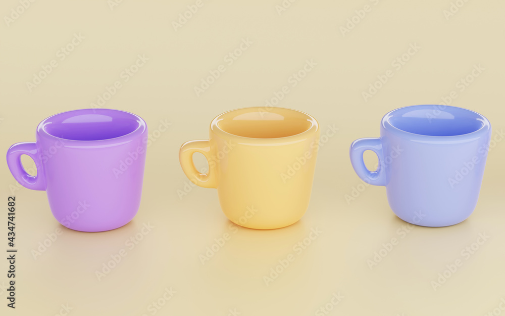 Collection empty modern for coffee or tea cups on isolated yellow background. Set of colored ceramic mugs, 3d mockup porcelain dishes standing in row. Cute trendy crockery with handle for drinks Collection empty modern for coffee or tea cups on isolated yellow background. Set of colored ceramic mugs, 3d mockup porcelain dishes standing in row. Cute trendy crockery with handle for drinks