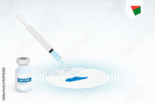 COVID-19 vaccination in Madagascar, coronavirus vaccination illustration with vaccine bottle and syringe injection in map of Madagascar.