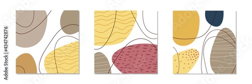 Abstract geometrical poster set. Three Minimal posters with different shapes, textures, lines. Abstraction nordic paint. Scandinavian style. For wall art decoration, postcard, cover design, print.
