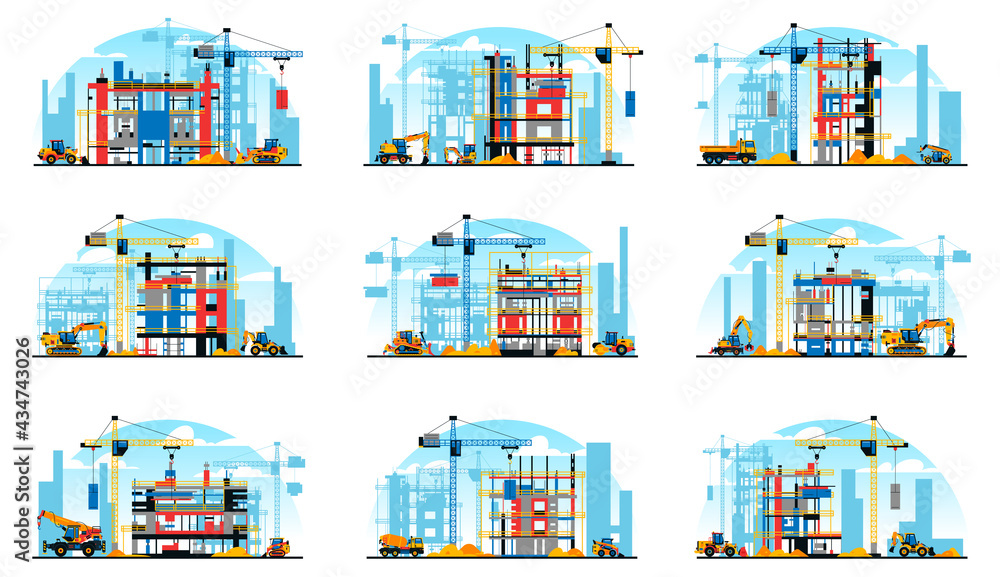A set of buildings under construction on the background of a city under construction. A site with heavy commercial equipment. Crane, bulldozer, excavator, tractor, concrete mixer. Vector illustration.