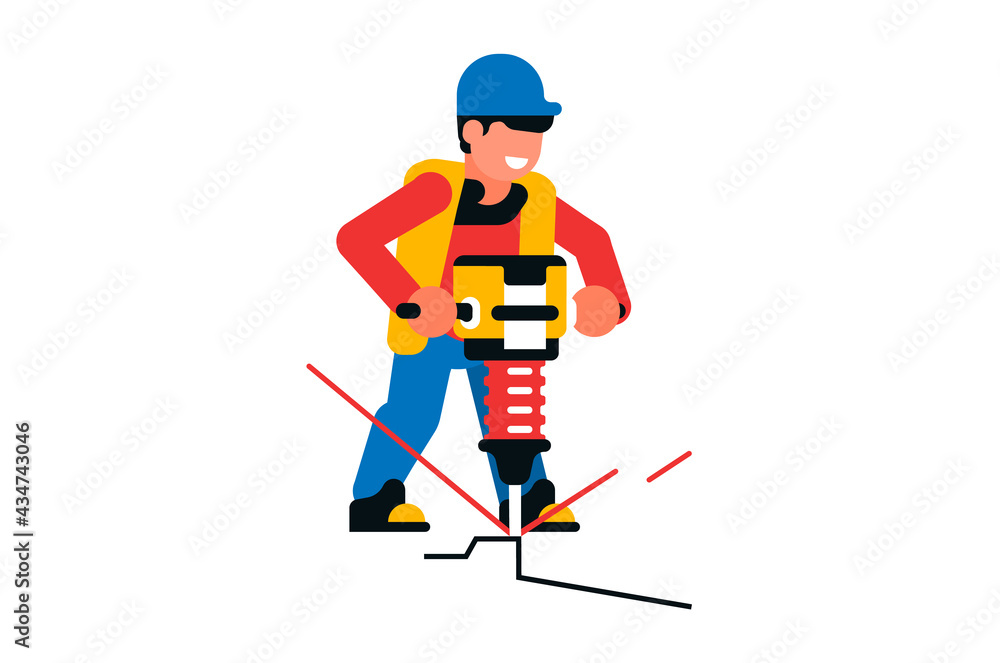 Fototapeta premium Worker working with a jackhammer. Male builder and electric jackhammer, power tool, road works, repair. Vector illustration isolated on white background