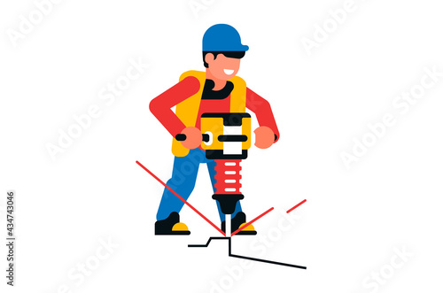 Worker working with a jackhammer. Male builder and electric jackhammer, power tool, road works, repair. Vector illustration isolated on white background