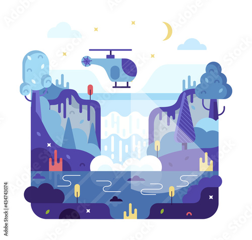 Helicopter flies at night and search for a criminal or a lost tourist. Vector cartoon square illustration in flat cartoon stile isolated on white background