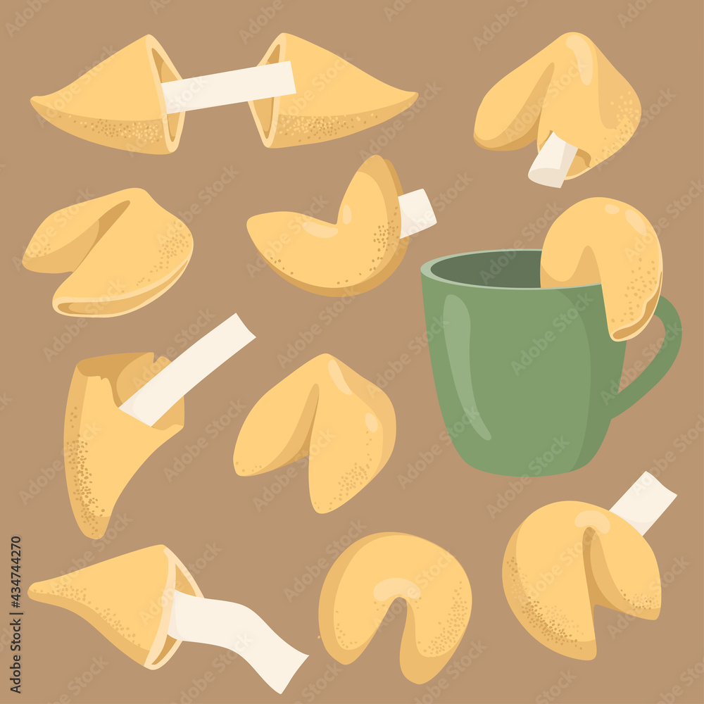 A set of Chinese fortune cookies, green cup with cookies. Vector illustration isolated on a light brown background
