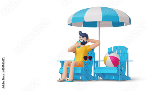 Happy man on beach chair with beach ball, summer season, summer template 3d rendering © Thanasantipan
