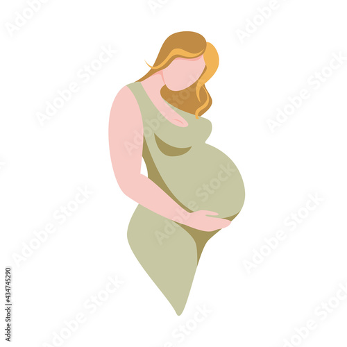 Pregnant woman with big belly in green dress isolated on white. Vector illustration.