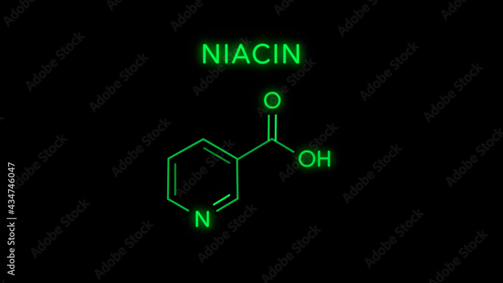 Niacin or Nicotinic Acid also known as Vitamin B3 Molecular Structure Symbol on black background