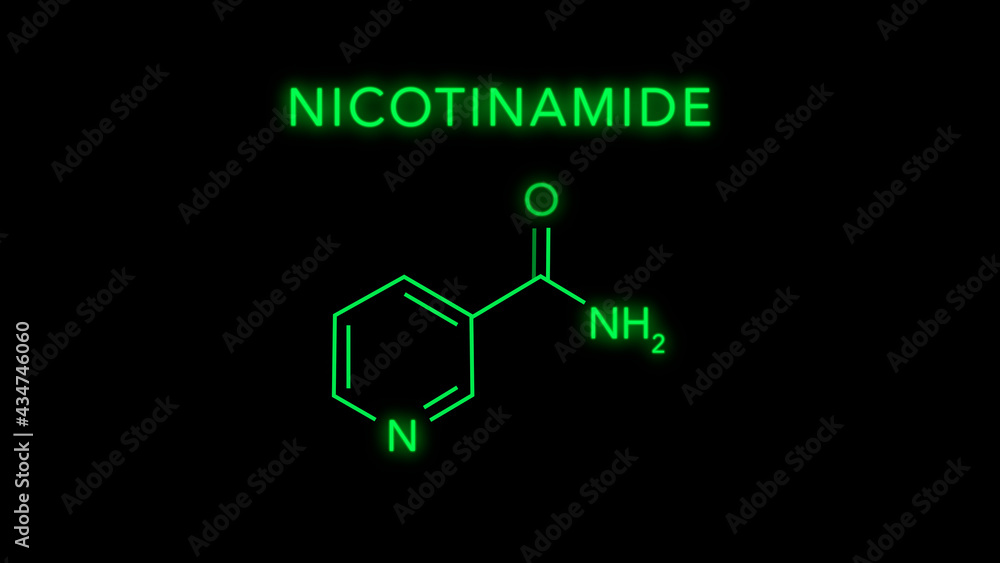 Nicotinamide also known as Vitamin B3 Molecular Structure Symbol on black background Nicotinamide also known as Vitamin B3 Molecular Structure Symbol on black background