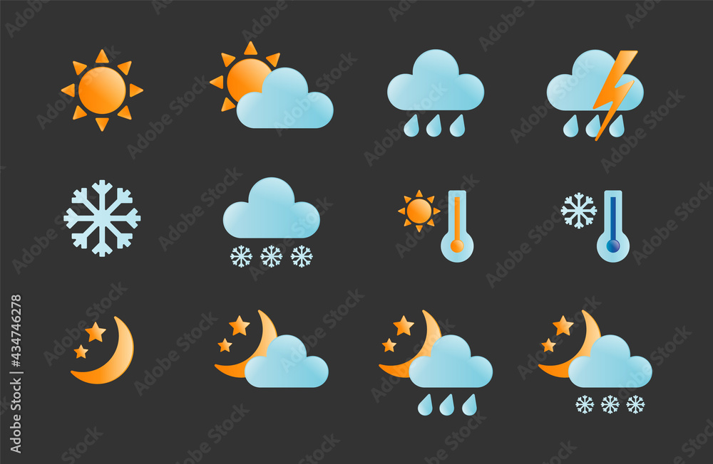 Obraz premium Weather icons set. Sunny, cloudy, rainy, snowy, hot degree. Vector illustration