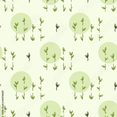 Bamboo or Sugarcane Leaves and Circles Vector Seamless Pattern. Floral Green Background with Stalk and Leaf. Polka Dot Wallpaper with Plants