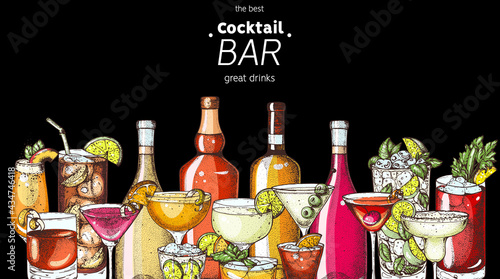 Alcoholic cocktail. Hand drawn vector illustration. Hand drawn drinks illustration. Cocktails set. Menu design elements.