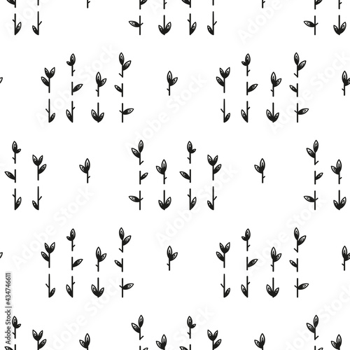 Bamboo or Sugarcane Leaves Vector Seamless Pattern. Floral Black and White Background with Stalk and Leaf. Wallpaper with Plants.