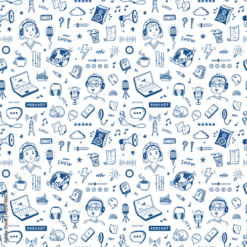 Podcast Show Doodle Icons Vector Seamless Pattern. Background with Hand drawn Man and Woman Speaking in Microphone and Different Podcast Equipment and Items. Workplace of Radio Host, Blogger