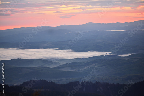 Spring Landscape With Fogy Mountains, Ciucas, Romania