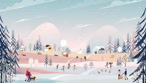 Winter wonderland landscape at night with people having fun outdoor activity on new year,Vector Background banner for Christmas and New Year 2022 holidays, CuteVillage people celebrating in the park