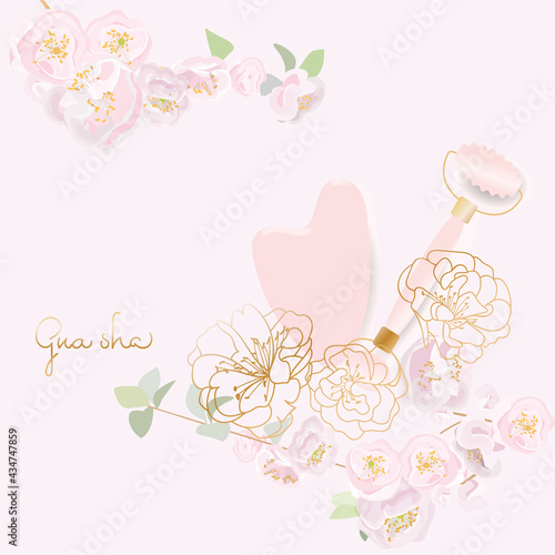 Massage kit. Facial roller and gua sha massager framed by cherry blossoms. Vector illustration set
