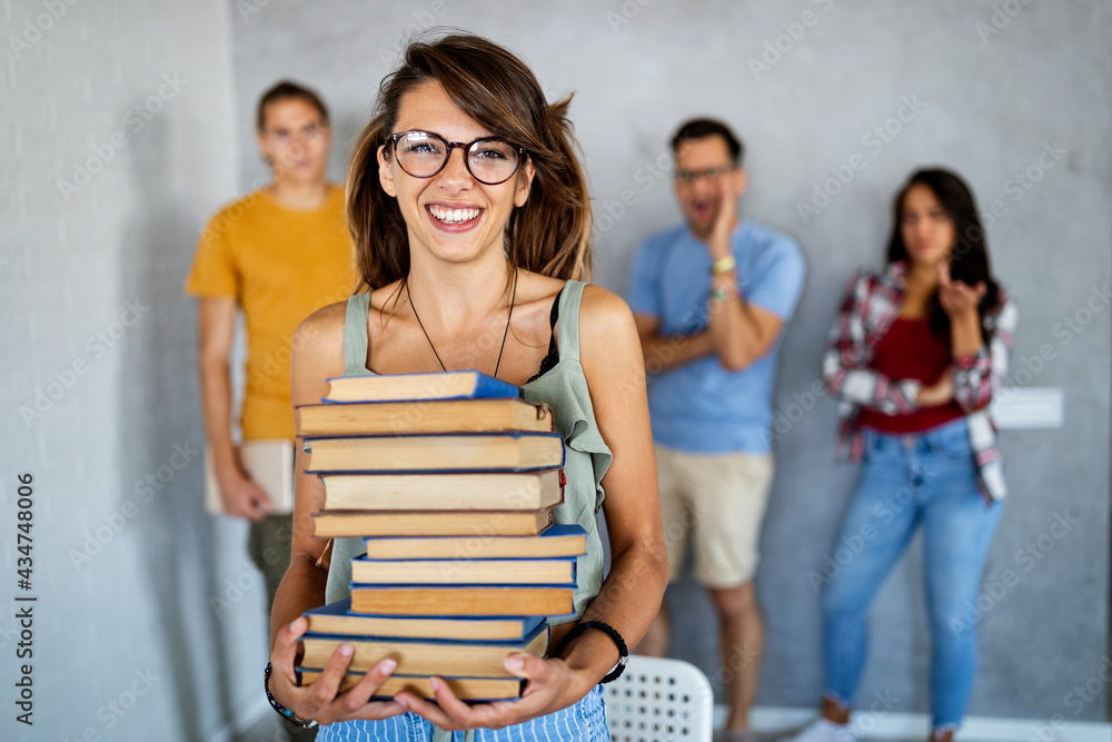 Obraz premium People, knowledge, education and school concept. Happy student girl with books