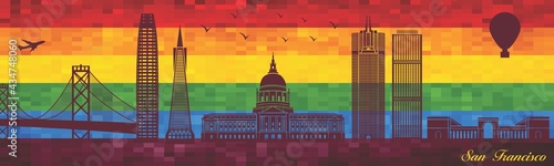 San Francisco on LGBT flag background - illustration, 
Town in Rainbow background, 
Vector city skyline silhouette