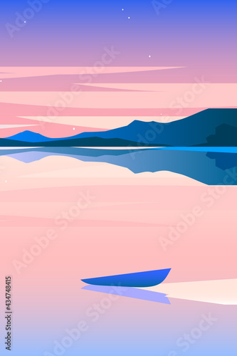Minimalist geometric lakeside landscape