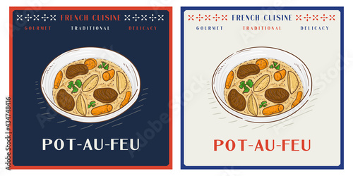 Pot au Feu or French beef stew soup vintage illustration