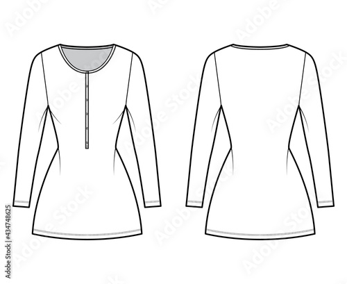 Dress henley collar technical fashion illustration with long sleeves, fitted body, mini length pencil skirt. Flat apparel front, back, white color style. Women, men unisex CAD mockup