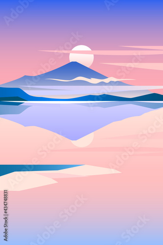 Minimalist geometric lakeside landscape